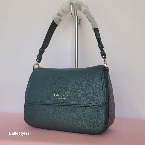 KATE SPADE Hudson Pebbled Leather Medium Flap Convertible Shoulder Bag-Artesian⭐ - Picture 4 of 16